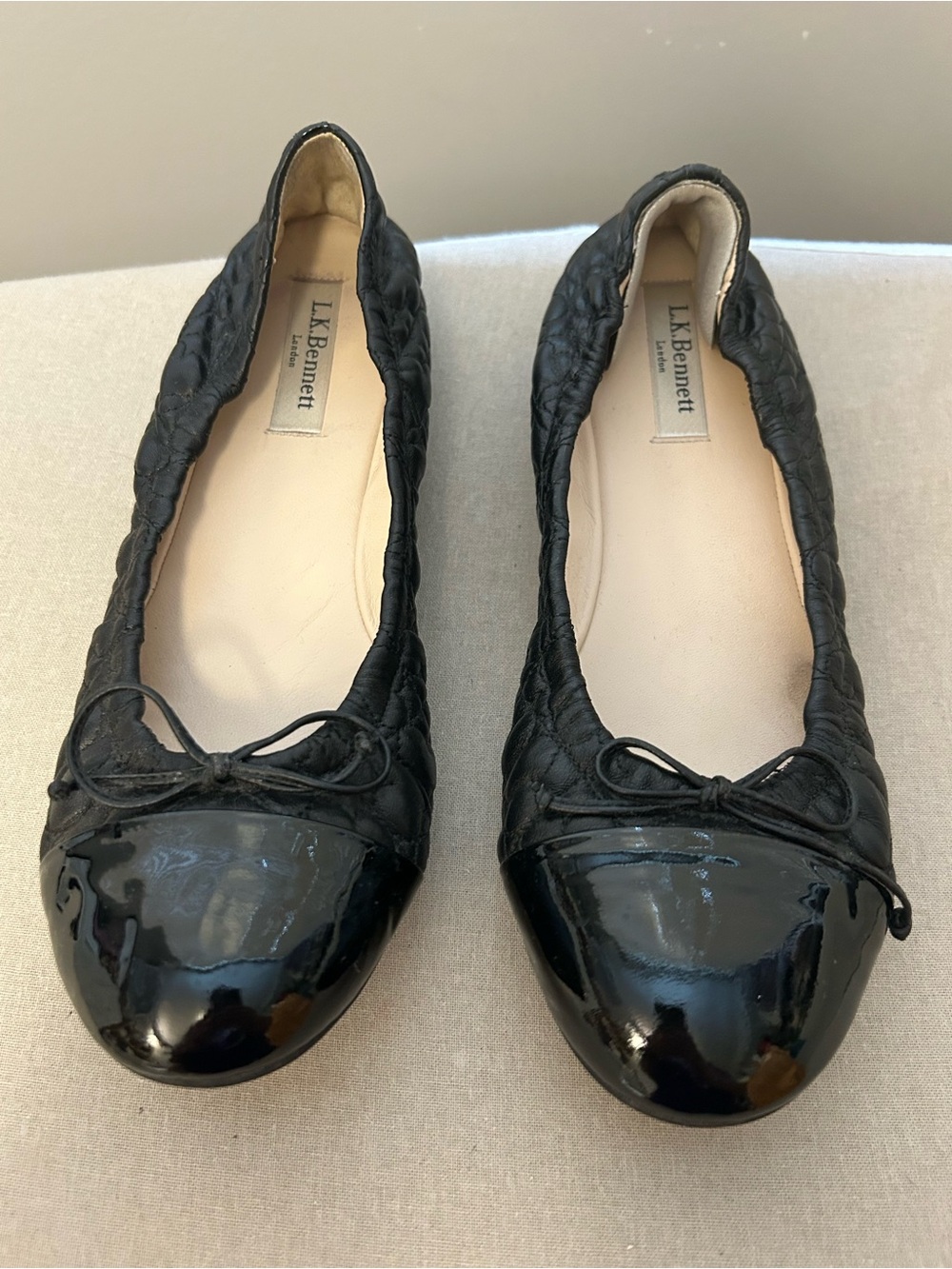 LK Bennett Black Quilted Leather Ballet Flats with Patent Toe